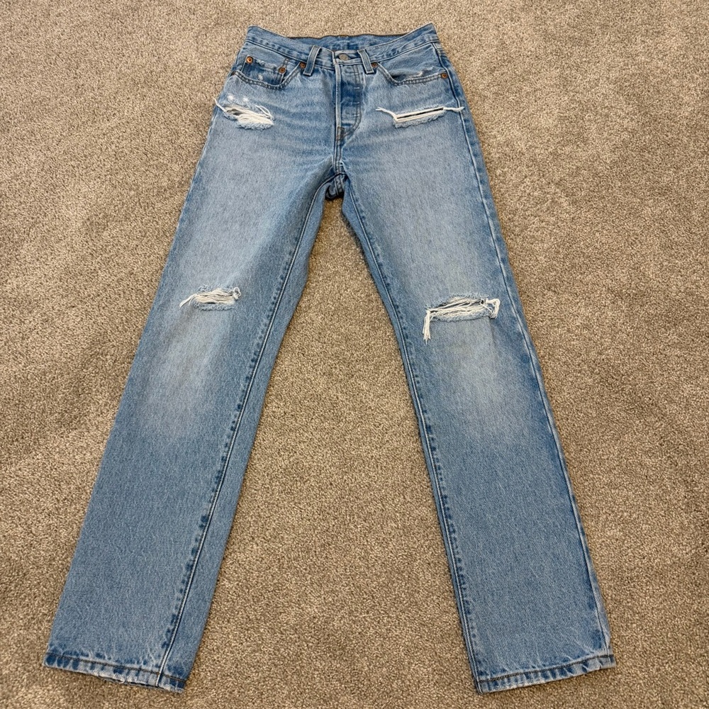 Levi's Women's 501 High Rise Straight Leg Jeans 24 X 30 Color Lane Change Ripped - Picture 6 of 13